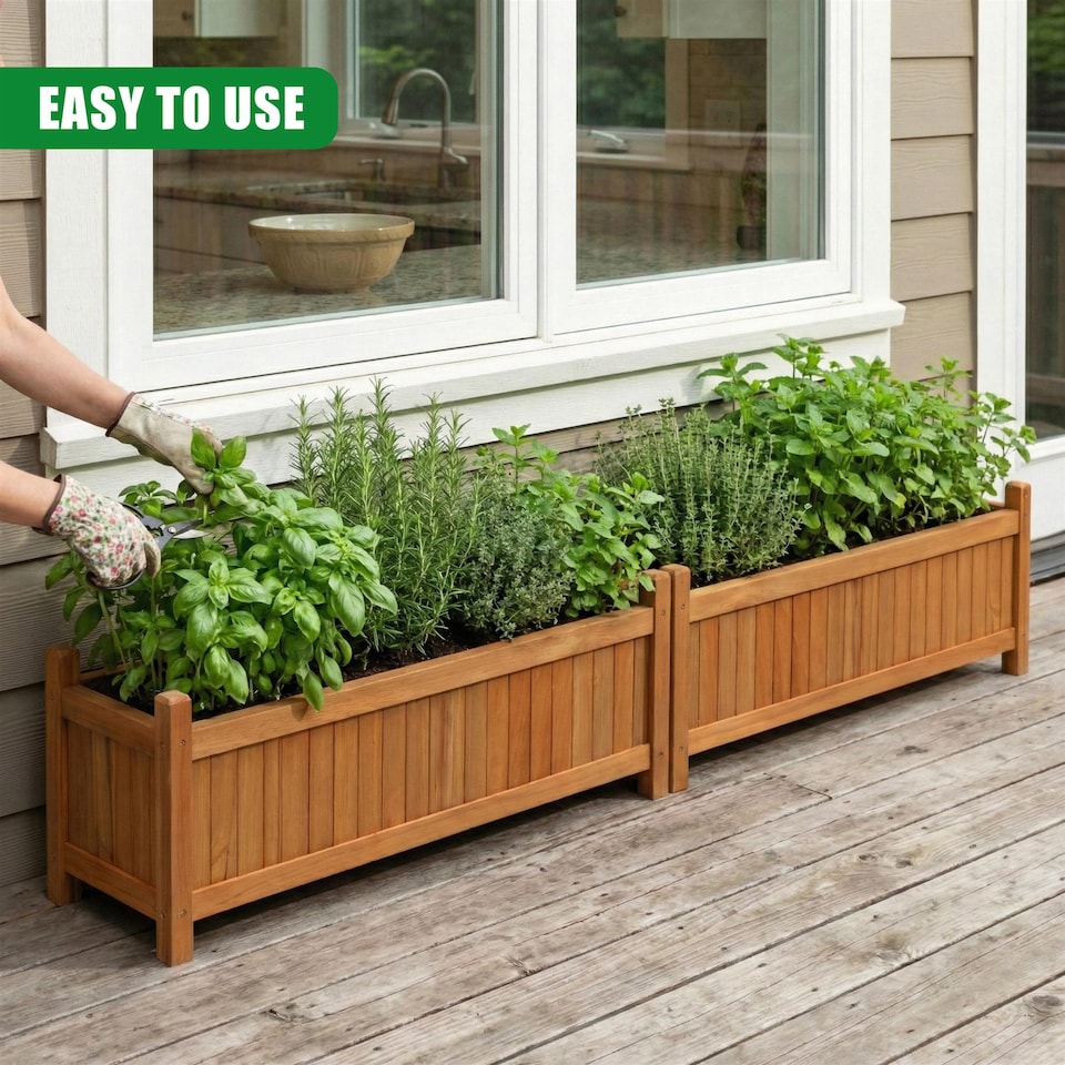 image 1 of GEEZY Wooden Rectangular Garden Flower Planters Brown Set of 2