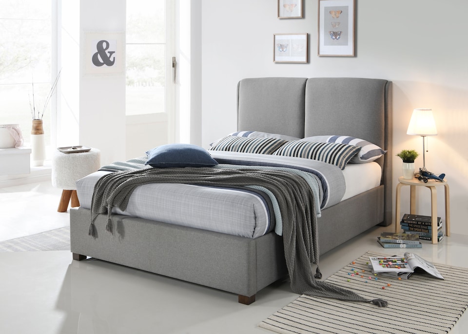 image 1 of 4ft6 Double Light Grey, Tall Headboard, Fabric Upholstered Bed Frame Bedstead. | Grey | Light Grey | Double