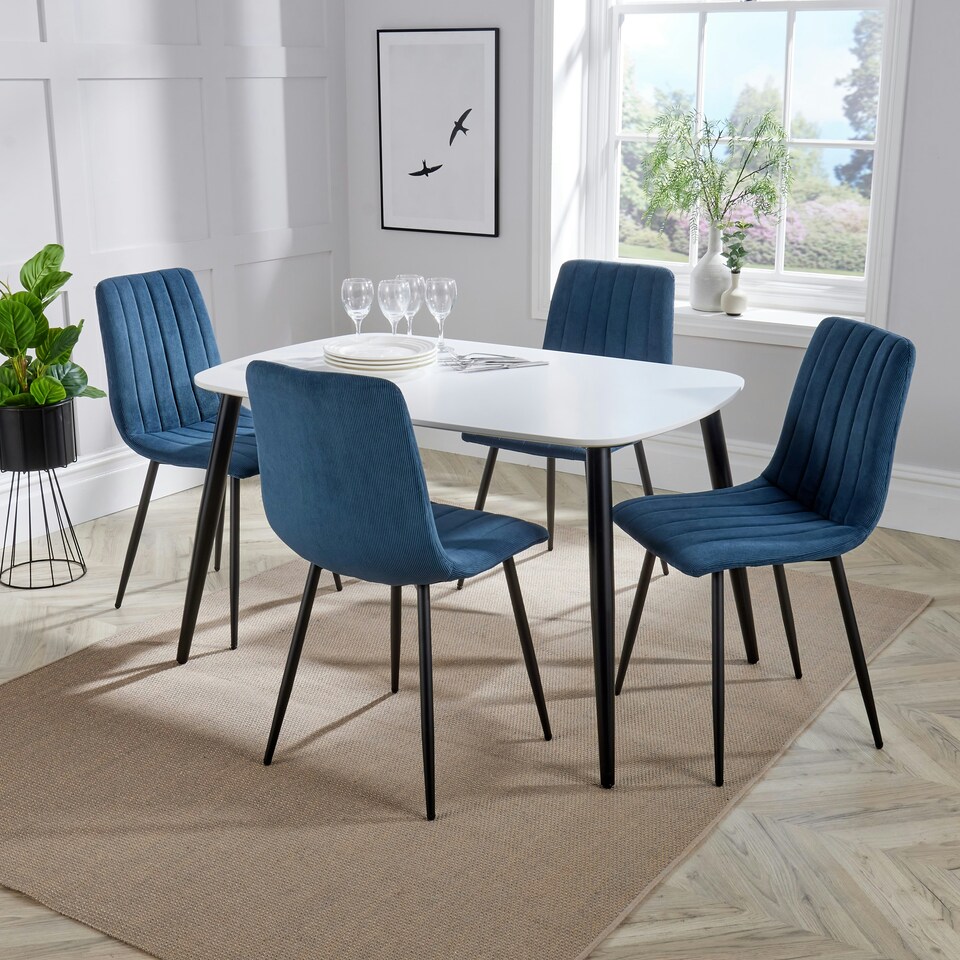 image 1 of Aspen White 120cm Rectangular Dining Table with 4 Straight Stitch Upholstered Fabric Chairs - Modern Dining Set | Blue | Blue | One Size | 1