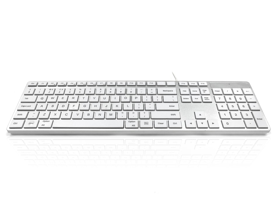 image 1 of Accuratus 301 MAC Keyboard - USB Wired Full Size Apple Mac Multimedia Keyboard with White Square Tactile Keys and Silver Case - White