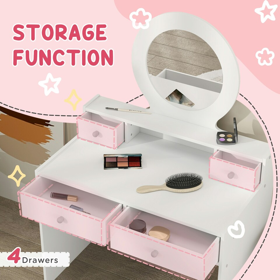 image 1 of AIYAPLAY Kids Dressing Table Set w/ Stool, Mirror, Drawers - White White