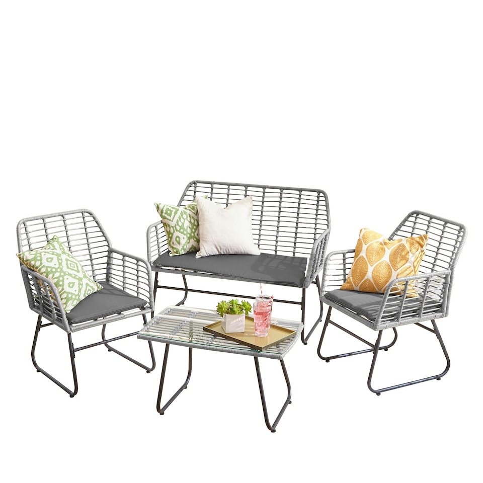 image 1 of Neo Grey 4 Piece Wicker Bamboo Style Garden Sofa, Table & Chairs Set