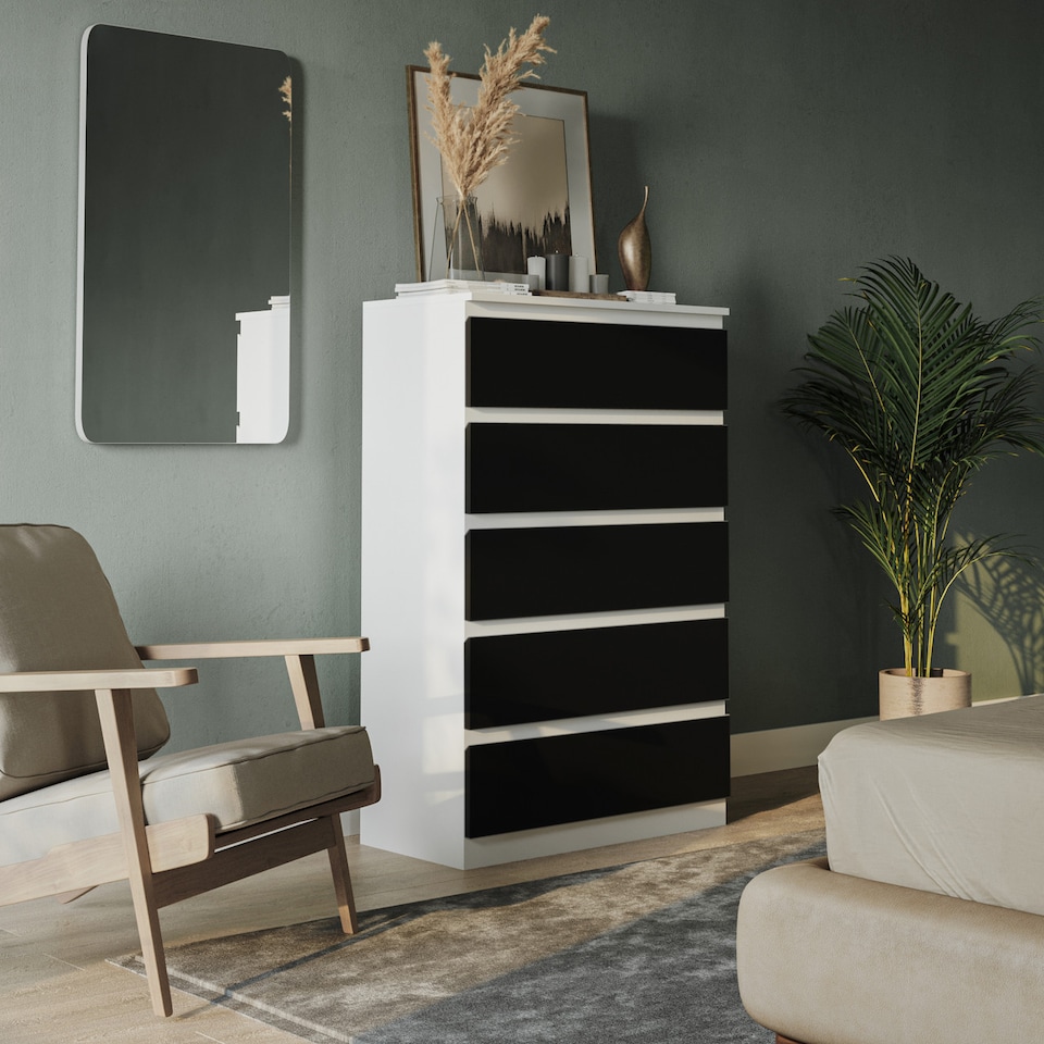 image 1 of Minimalist Chest of 5 Drawers 108.5x70x35 | White | White & Black | 1