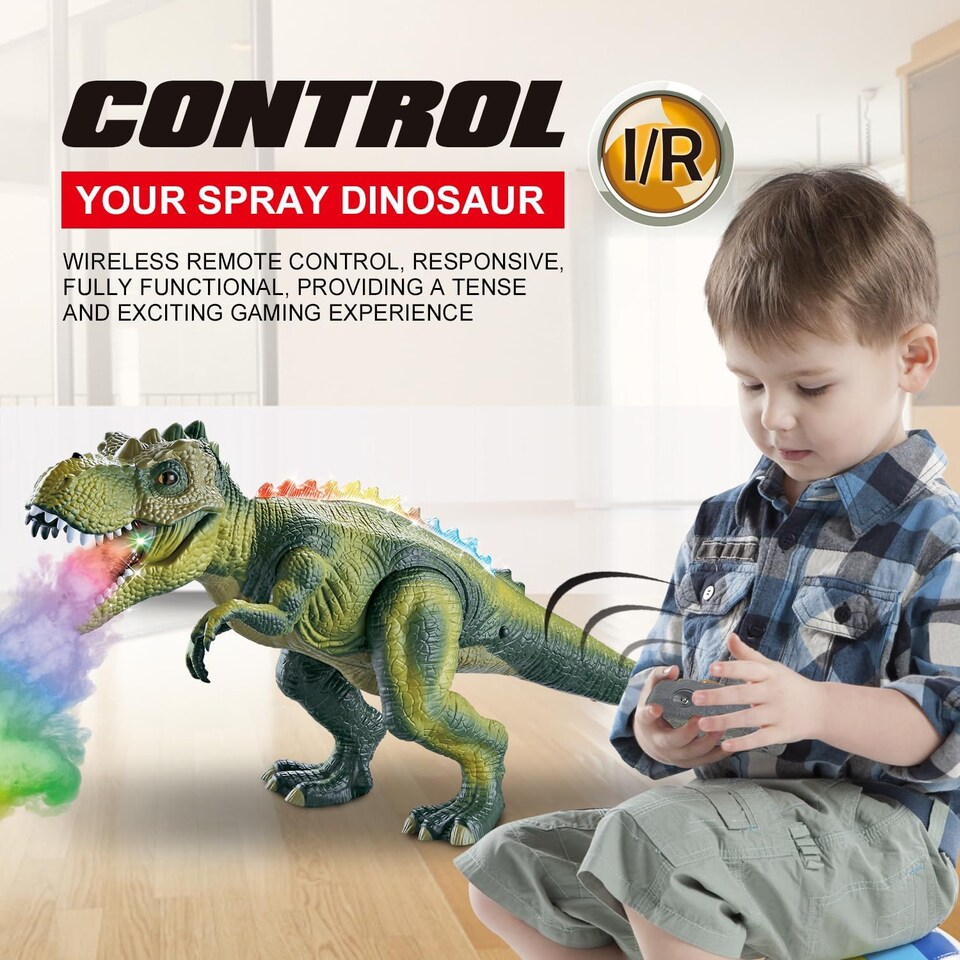 image 1 of Alivio 7 Color LED Walking, Mist Spray Remote Control RC T-Rex Dinosaur Toy