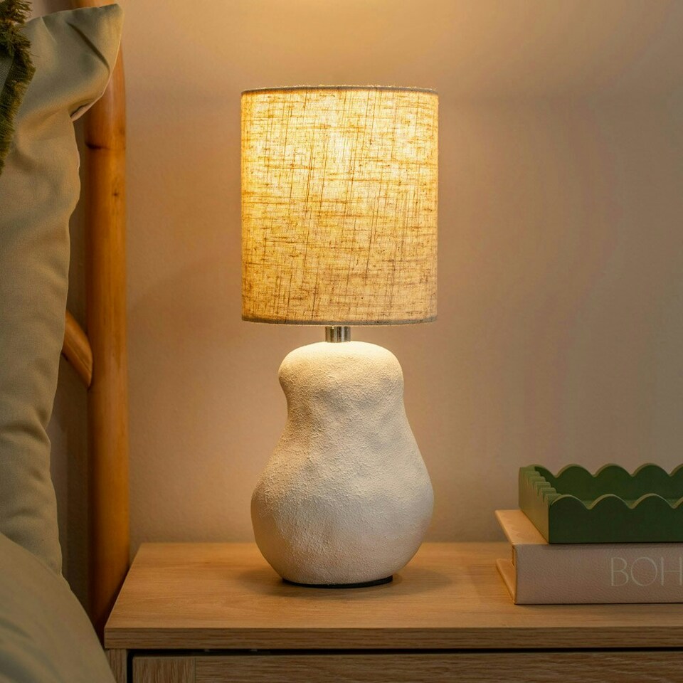 image 1 of ValueLights Mae Natural Linen Shade White Abstract Sandblast Ceramic Table Lamp and LED Bulb White