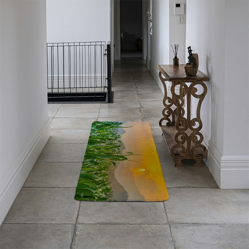 image 1 of green corn field in agricultural garden and light shines sunset Designer (Runner Rug)