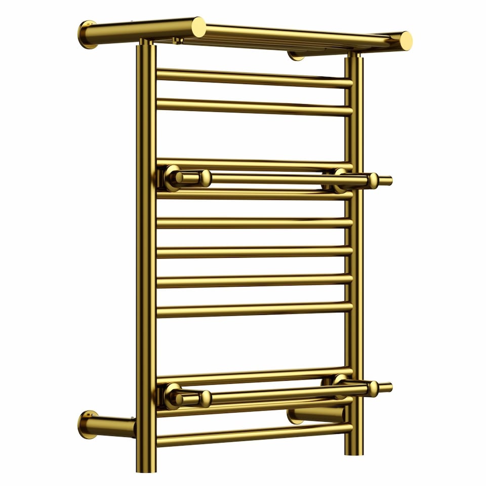 image 1 of 490mm x 680mm Shiny Gold Heated Towel Rail Radiator Top Shelf & Two Towel Holder OSLO For Bathroom & Kitchen Rag Storage Rack