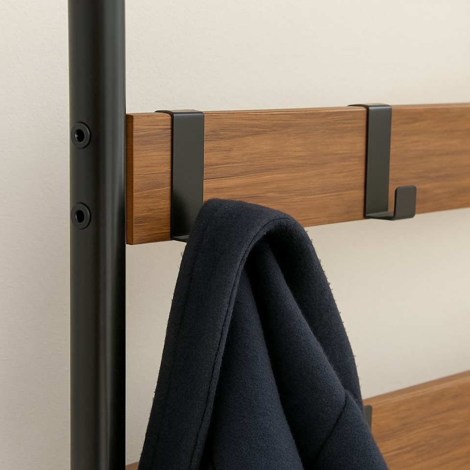 image 1 of Harbour Housewares Curved Steel Coat Rack with Shoe Storage Bench - Coat Rack Coat Stand Hat Hook Clothing Rail Shoe Rack Hall Storage S