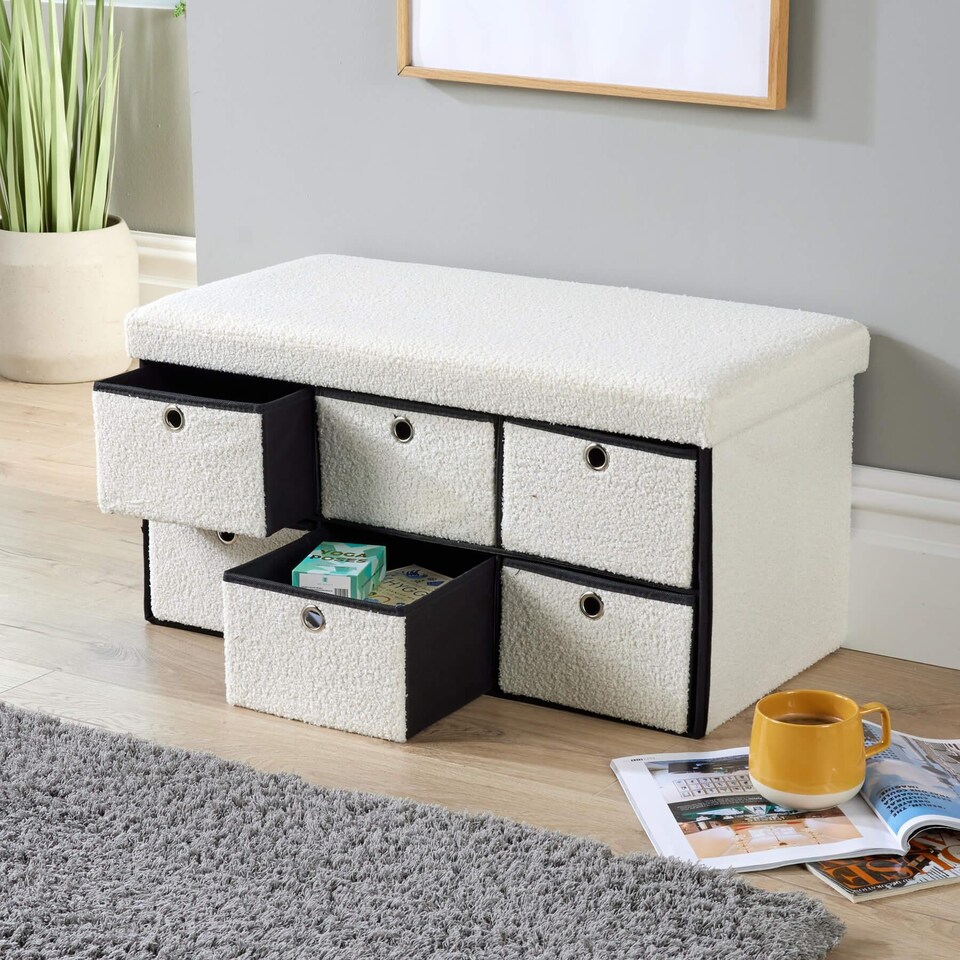 image 1 of Folding Ottoman Storage Bench 6 Drawer Compact Space-Saving Furniture | Cream