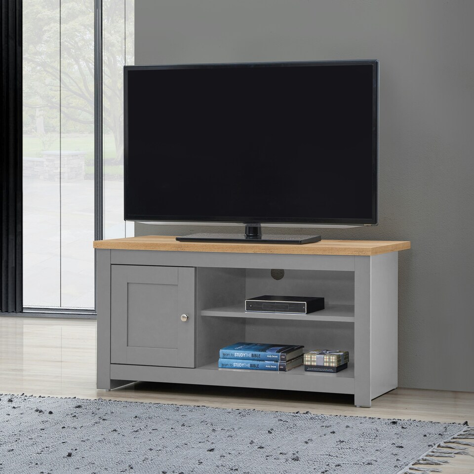 image 1 of Lisbon TV Unit 1 Door Shelf Grey & Oak