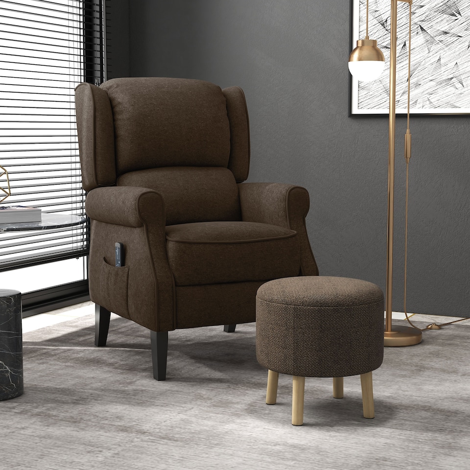 image 1 of HOMCOM Round Storage Stool, Linen Fabric Upholstered Foot Stool with Removable Top, Padded Seat, Hidden Space and Wooden Legs for Living Room, Brown