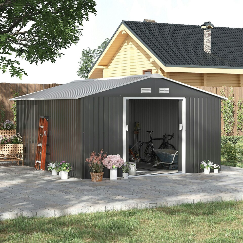 image 1 of Outsunny 13 x 11ft Garden Shed Storage with Foundation Kit, Grey