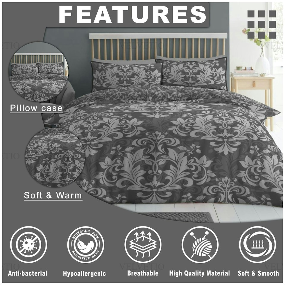 image 1 of VELVETIO Ananias Damask Complete Duvet Cover Set with Fitted Sheet Printed Bedding Quilt Grey | Double