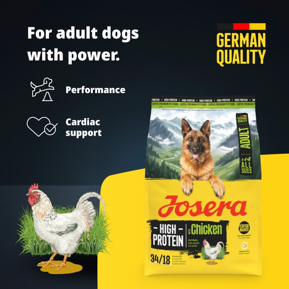 image 1 of Josera High Protein Adult Chicken complete dog food | Lots of meat | For active working and sporting dogs | Gluten-free | Salmon Oil Omega 3 | 0.9kg