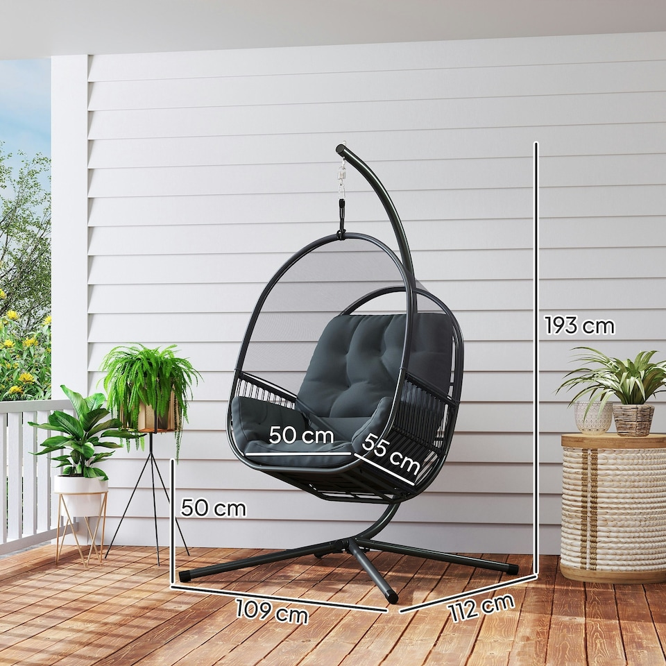 image 1 of Outsunny Hanging Egg Chair w/Stand & Cushions, Dark Grey Grey | Light Grey