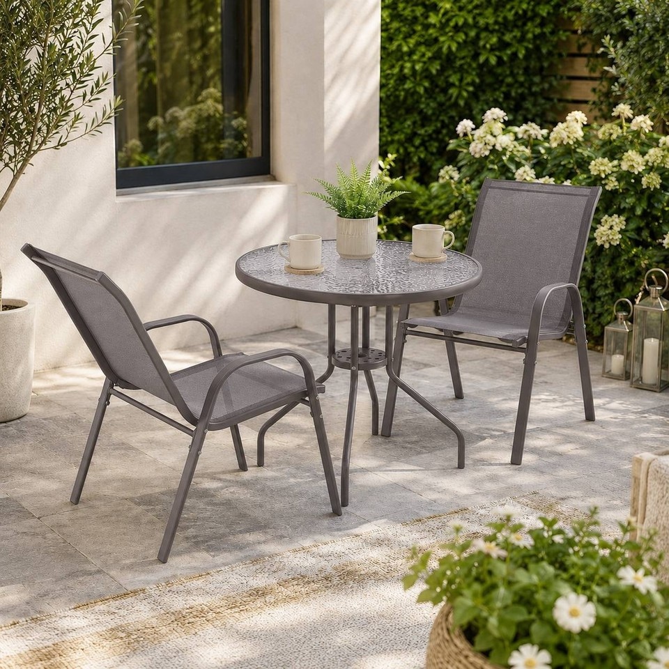 image 1 of 3 Pcs Garden Round Glass Top Table & 2 Chairs Bistro Set