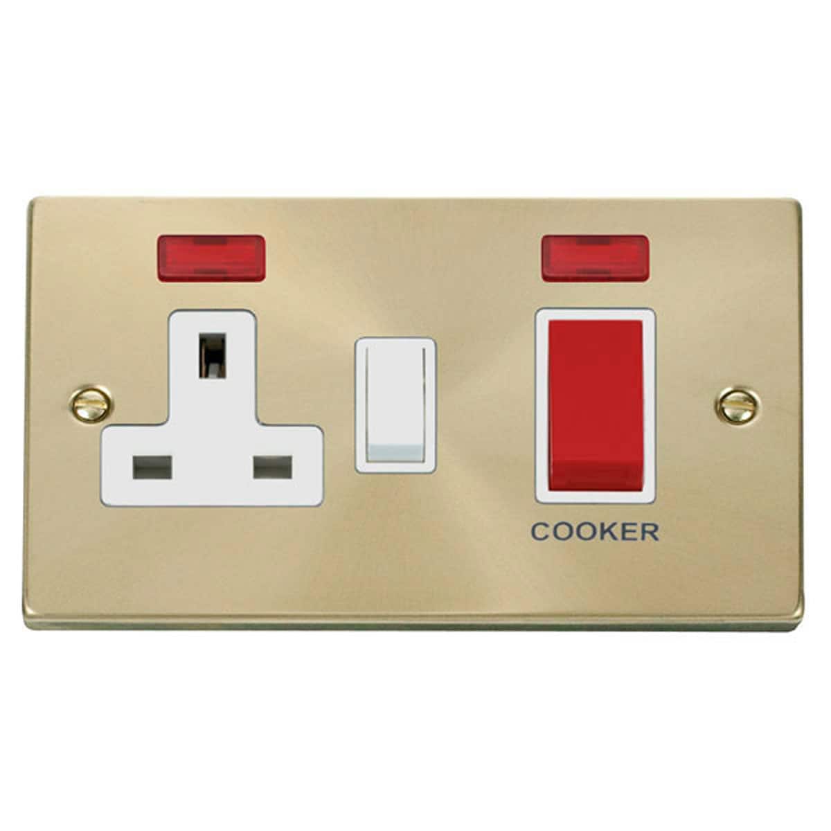 SE HOME Satin Brushed Brass Cooker Control 45A With 13A Switched Plug Socket & 2 Neons Gold Satin Brass