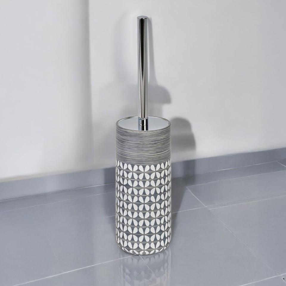 image 1 of Showerdrape Ravello Geo Floral Grey & White Toilet Brush & Holder