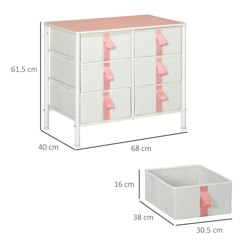 image 1 of HOMCOM 6 Drawer Chest of Drawers w/ Wooden Top Kid Room Closet Hallway Pink