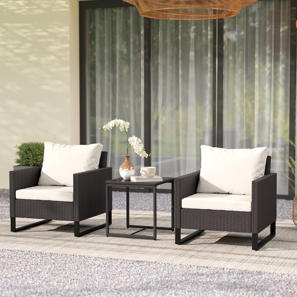 image 1 of Outsunny 3 Pieces Rattan Bistro Set with 4 Cushions, Wicker Garden Furniture Set, Glass Top Coffee Table and Chairs for Outdoor Patio, Balcony, Terrace and Conservatory, Brown