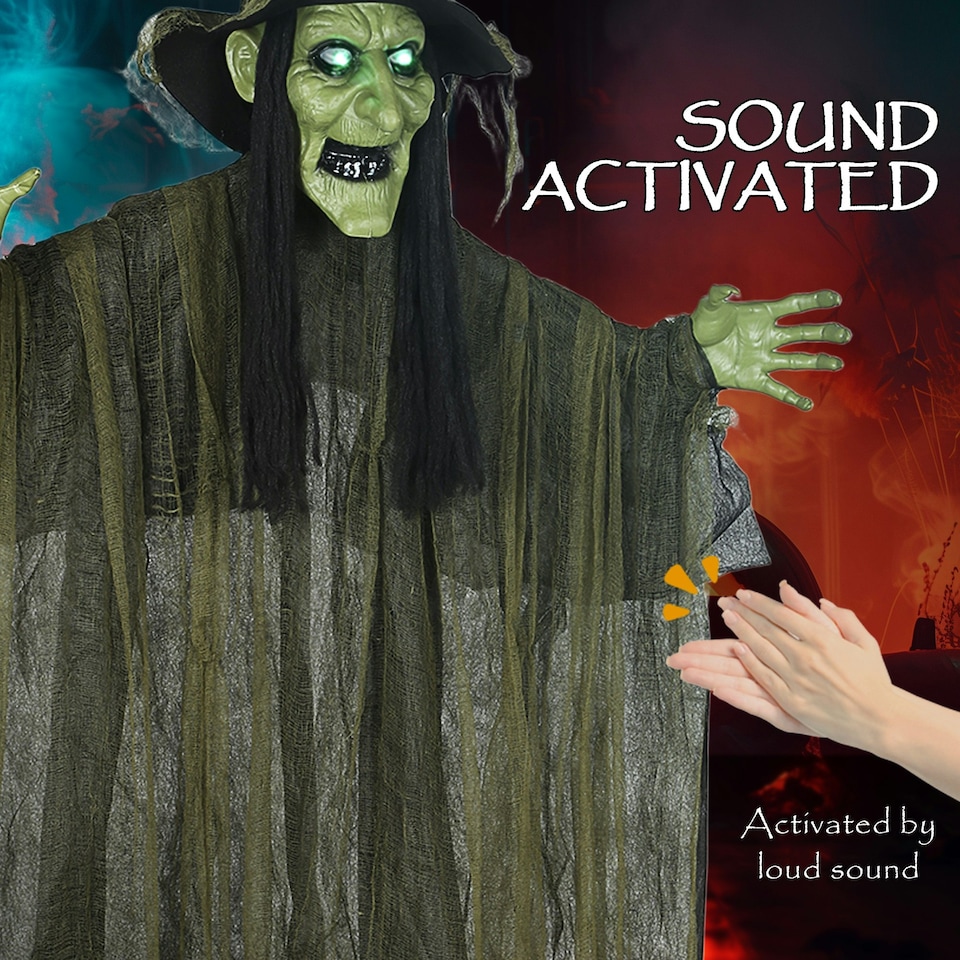 image 1 of Outsunny Voice Activated Halloween Animatronics Hanging Witch, Green