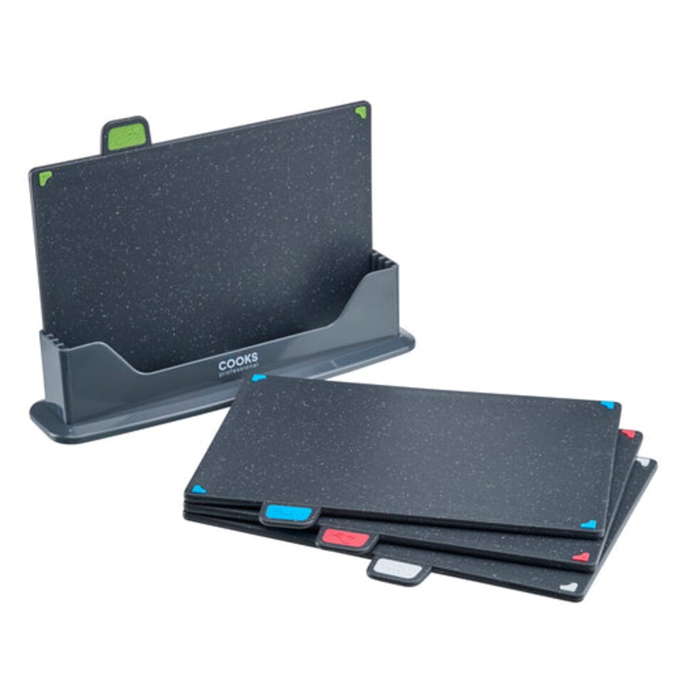 image 1 of Cooks Professional Set of 4 Index Chopping Boards with Stand & Coloured Tabs