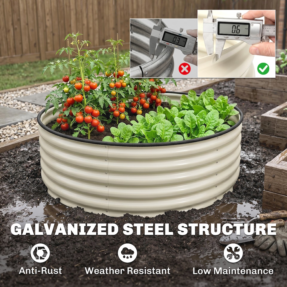 image 1 of Outsunny Galvanised Planter with Gloves, 120 x 120 x 43cm, Cream White | Cream | Cream