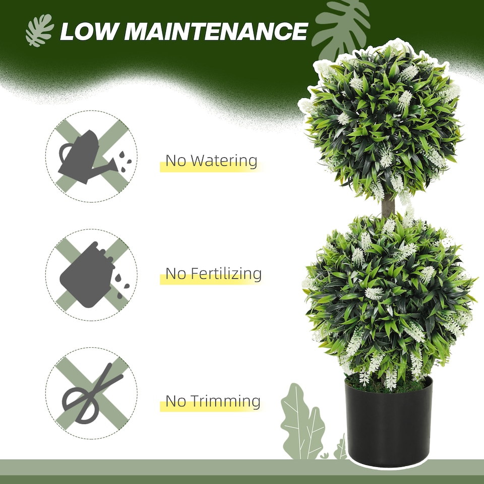 image 1 of HOMCOM Set of 2 Decorative Artificial Plants Ball Trees with Lavender Flowers in Pot Fake Plants for Home Indoor Outdoor Decor, 70cm, White