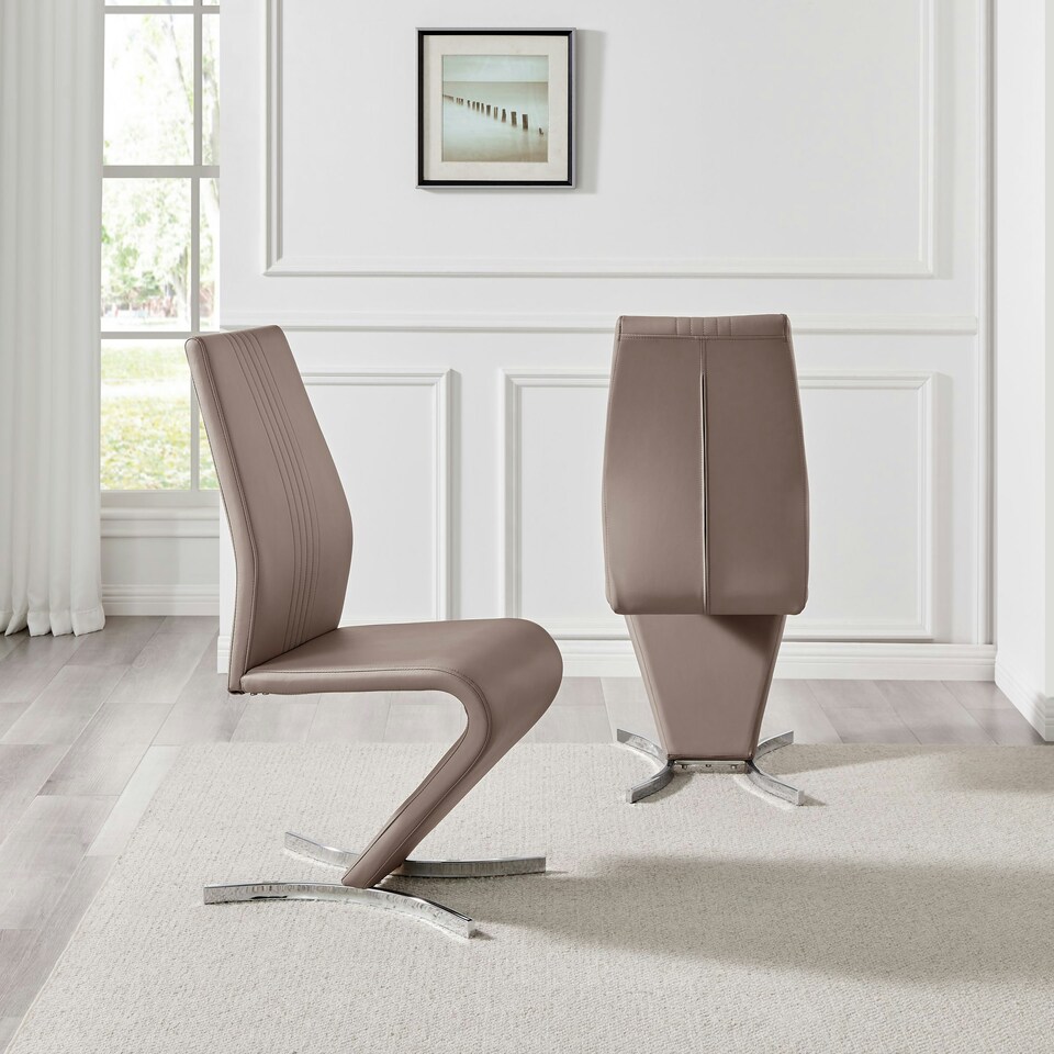 image 1 of Furniturebox 2x Willow Cappuccino Beige Faux Leather Chrome 'Z' Dining Chairs