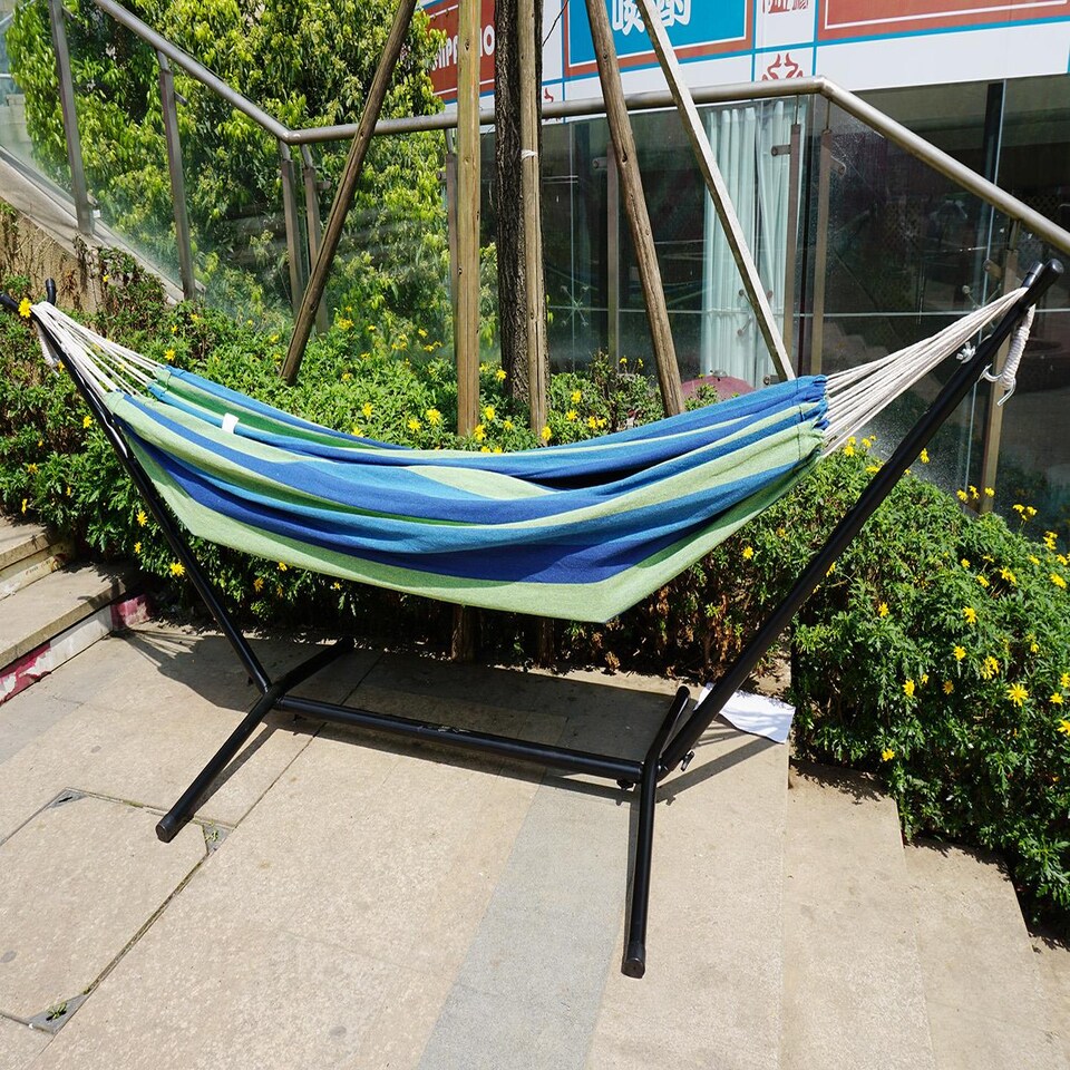 image 1 of Gr8 Garden Single Cotton Hammock Outdoor Swing with Space Saving Metal Stand Frame