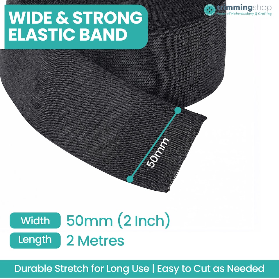 image 1 of 50mm Black Wide Flat Elastic Band, Polyester Elastic Cord - 2M