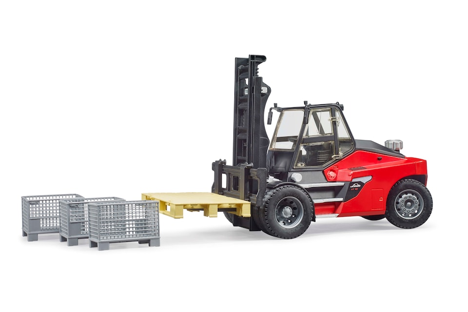 image 1 of Bruder Linde HT160D Forklift with Pallet & 3 Pallet Cages Heavy Industrial Handling Playset