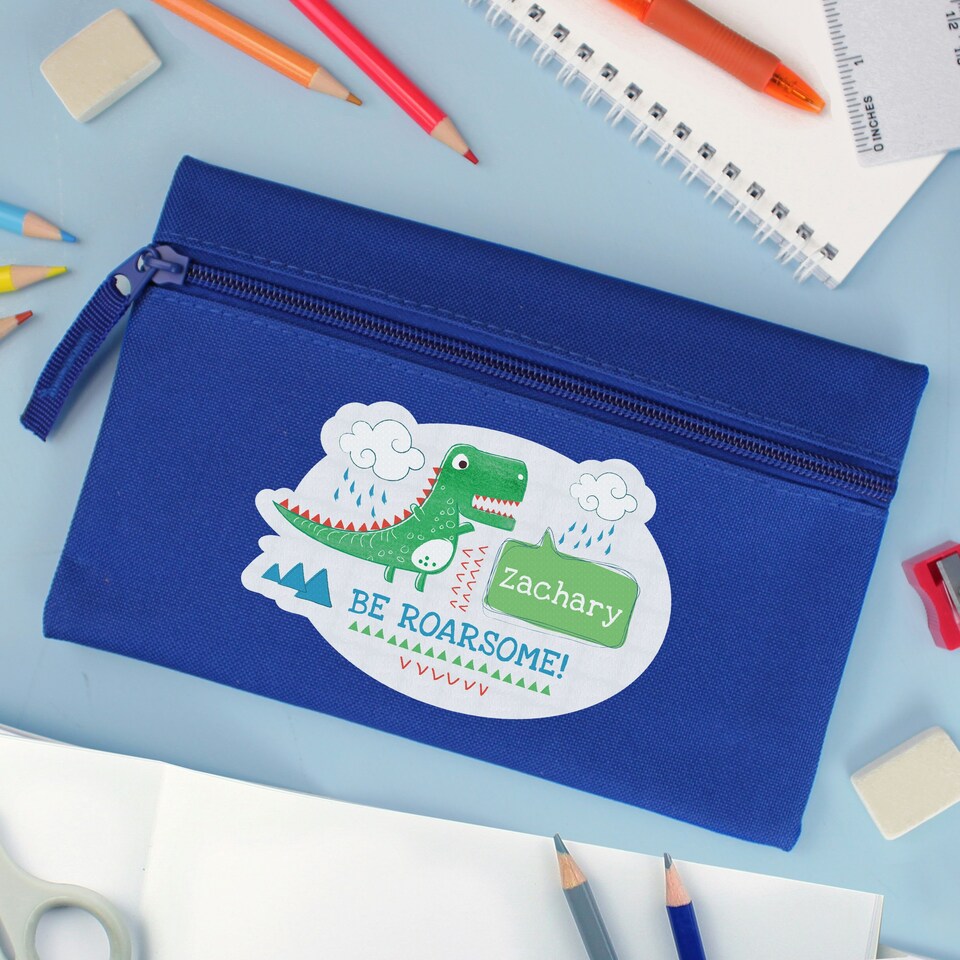 image 1 of Personalised 'Be Roarsome' Dinosaur Blue Pencil Case | Blue
