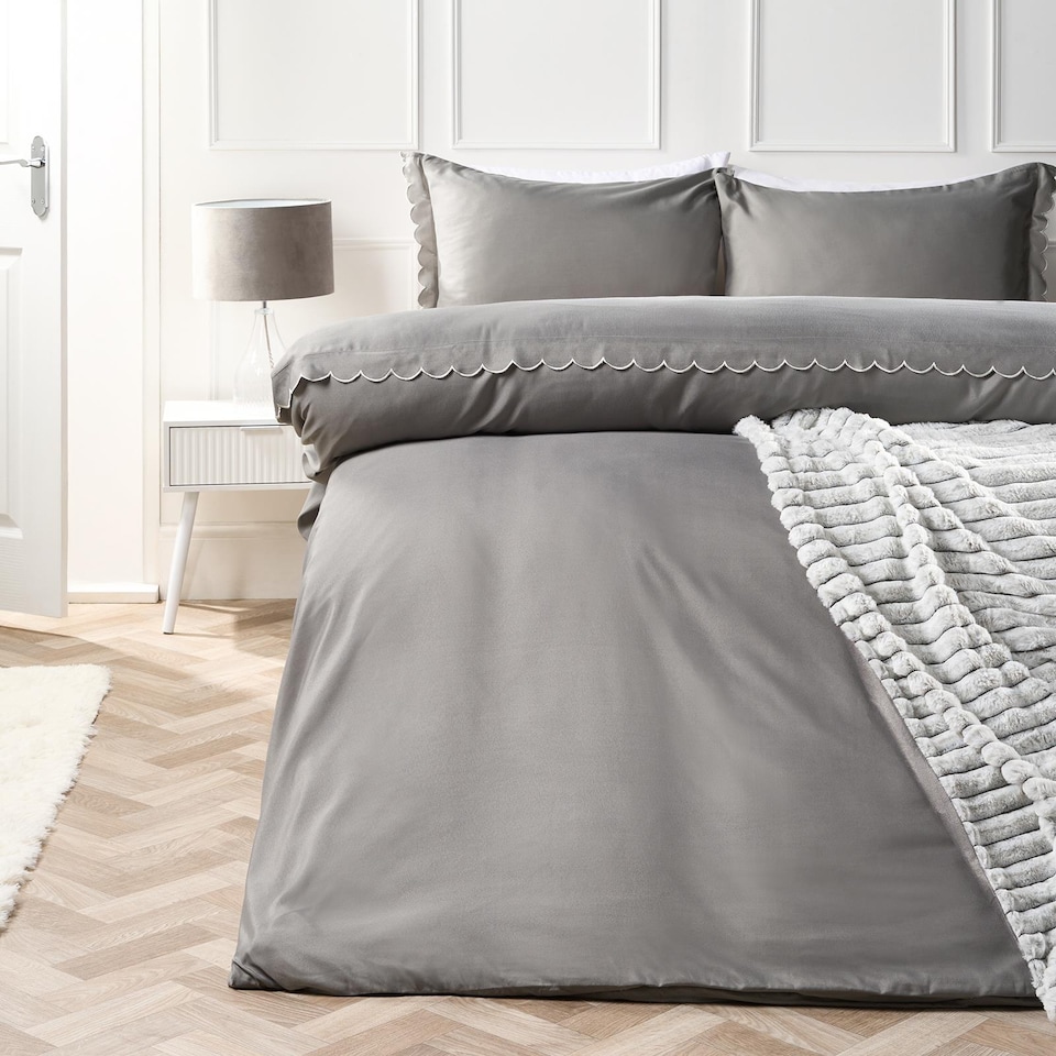 image 1 of OHS Scallop Edge Bedding Set Microfibre Duvet Cover with Pillowcase | Grey | Grey/Silver | Single