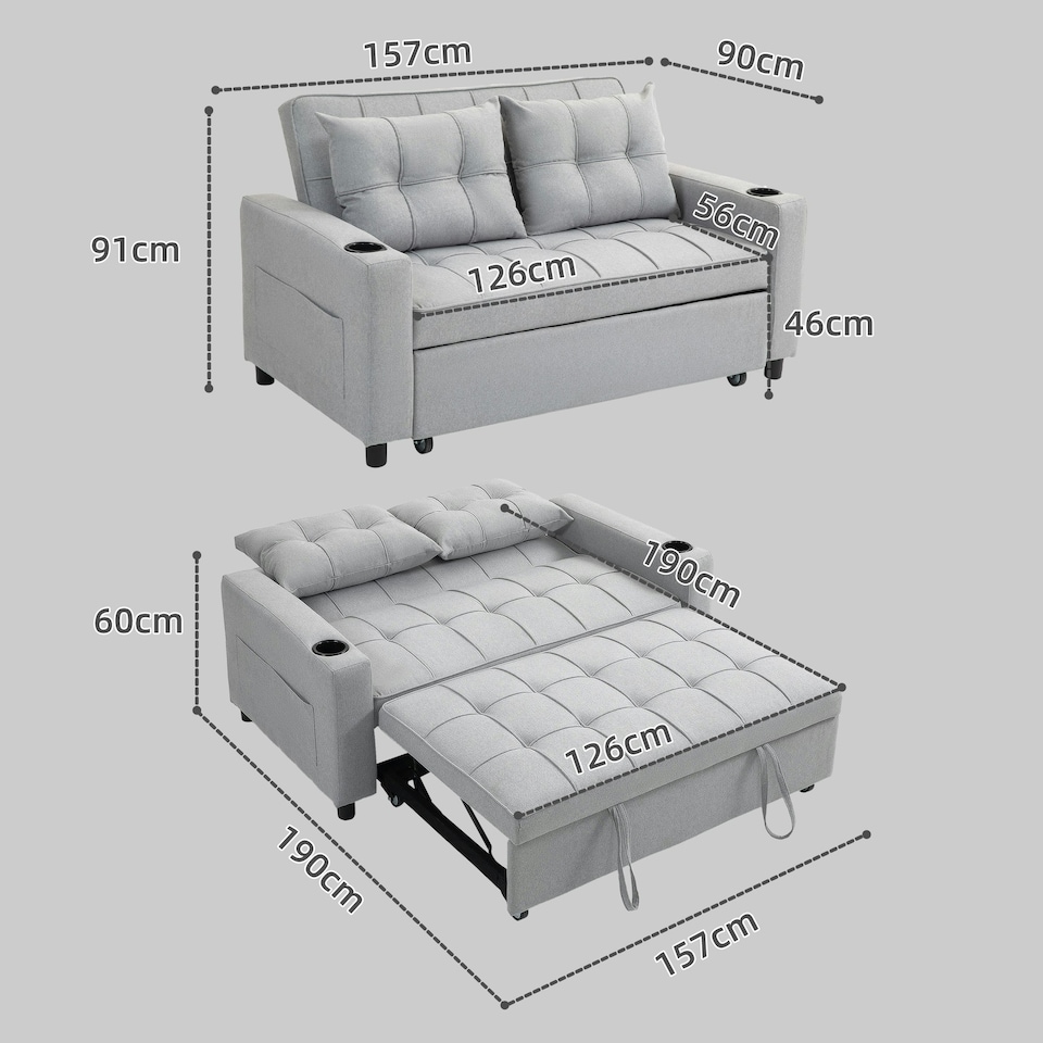 image 1 of HOMCOM 2 Seater Pull Out Sofa Bed with Pockets for Living Room Light Grey