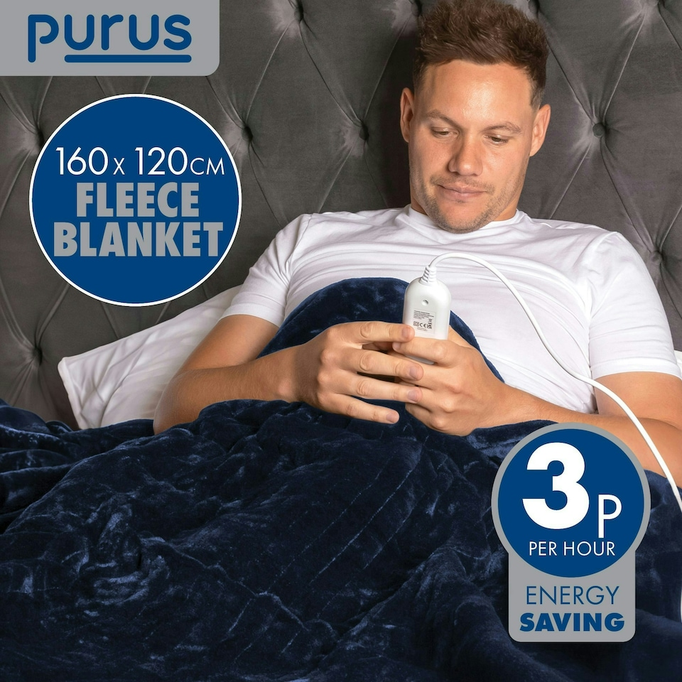 image 1 of Purus Electric Heated Fleece Blanket Throw 160x120cm - Blue | Blue | Blue | 1