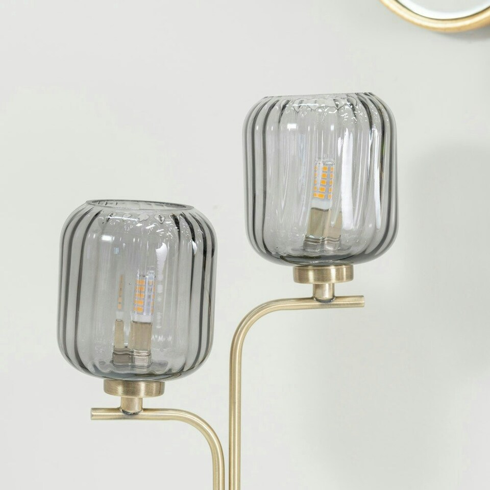 image 1 of ValueLights Amelie Gold 2 Way Table Lamp with Smoked Ribbed Glass Shades