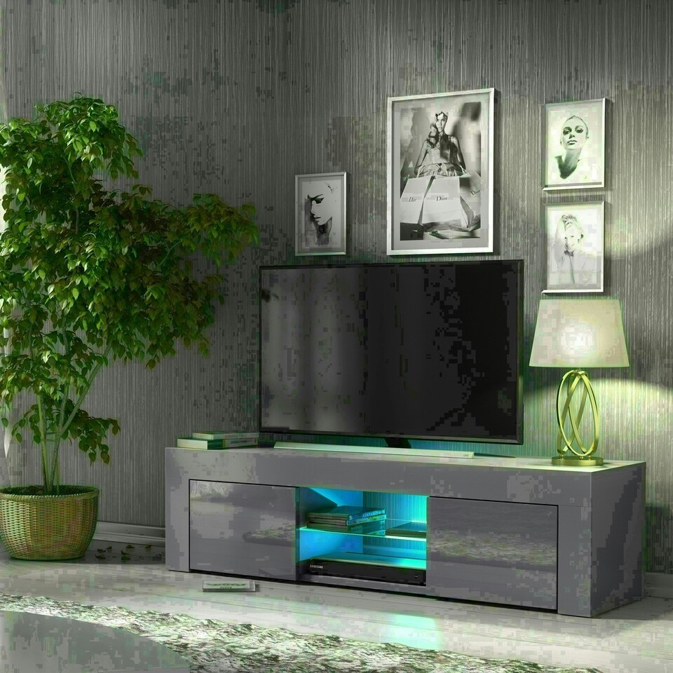 image 1 of TV Unit 130cm Grey Gloss Doors Grey Matt Body Modern Cabinet | Grey | One Size | 1