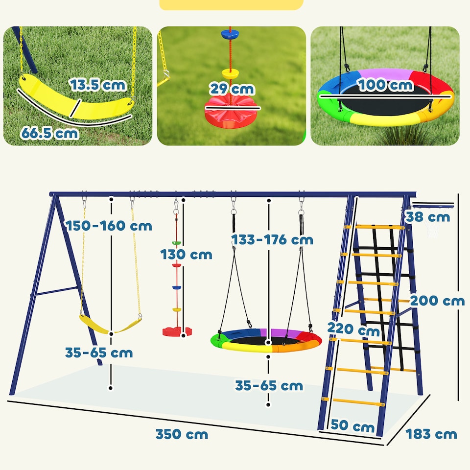 image 1 of AIYAPLAY 6 in 1 Kids Swing Set with 3 Swings, Climbing Net and Ladder