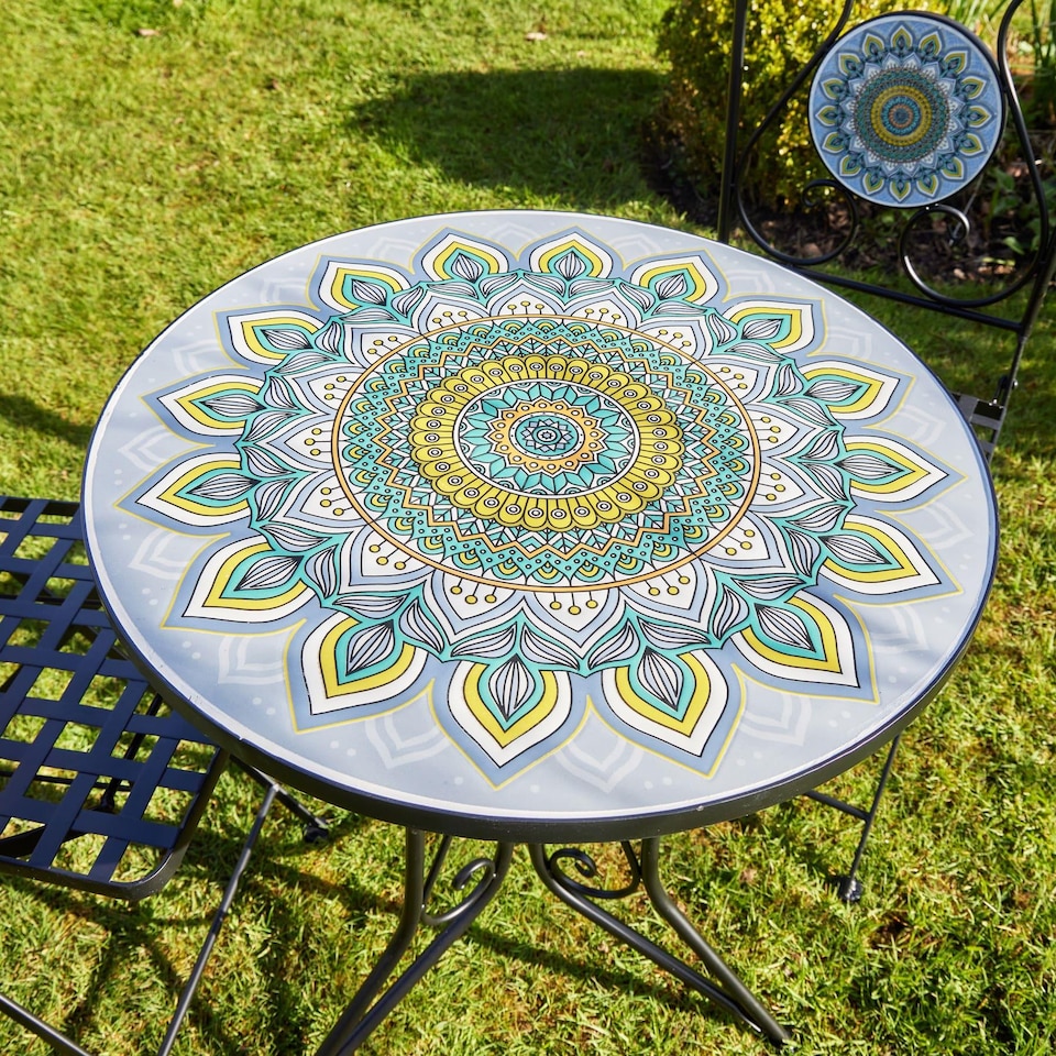 image 1 of Bistro Table Set Blue Floral Mosaic Design 2 Chairs Outdoor Garden Furniture