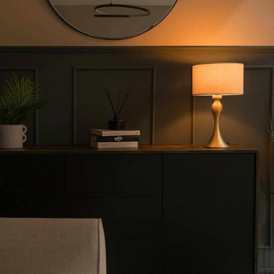 image 1 of ValueLights Matt Gold Table Lamp Drum Natural Shade