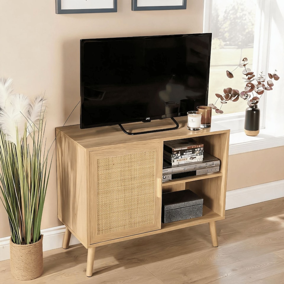 image 1 of Sideboard 1 Rattan Door Front Open Shelving Cabinet Living Home Furniture Unit