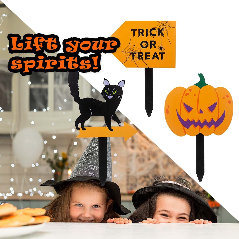 image 1 of vfm-estore Halloween Outdoor Stake Signs 3-Pack - Cat, Pumpkin, Trick or Treat