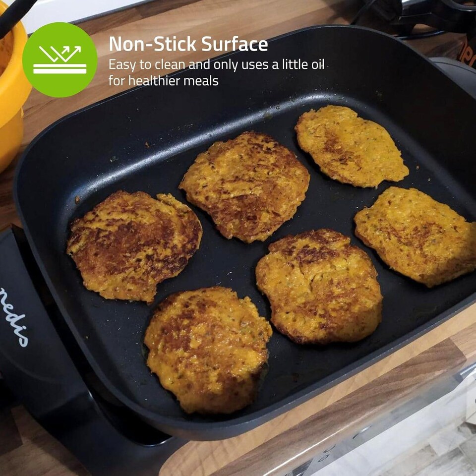 image 1 of Nedis Electric Skillet Frying Pan, Non-Stick 40cm Multicooker with Cool Touch Handles and Thick Cast Aluminium Body, 2200W