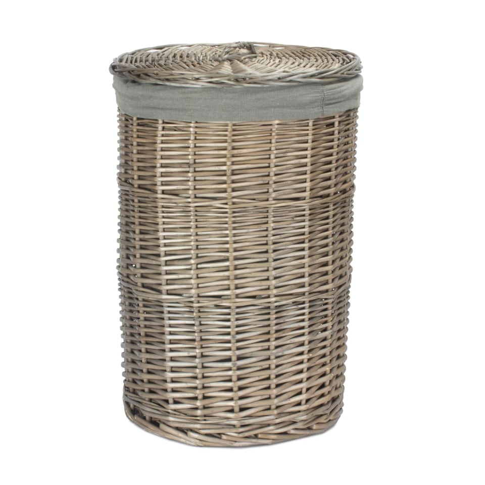 image 1 of Small Antique Wash Round Linen Basket with Grey Sage Lining | Grey | Grey
