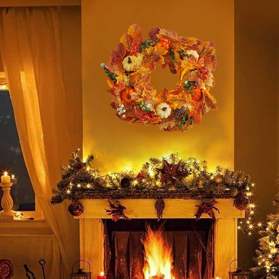 image 1 of Living and Home Halloween Garland with Holly berries Pine cones Maple & Pumpkins