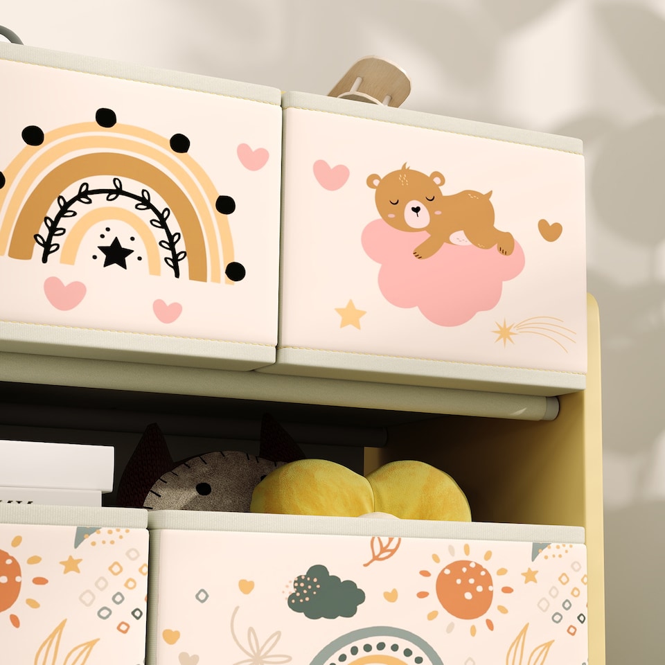 image 1 of AIYAPLAY 3-Tier Toy Organiser Shelf with 9 Storage Boxes for Bedroom Yellow