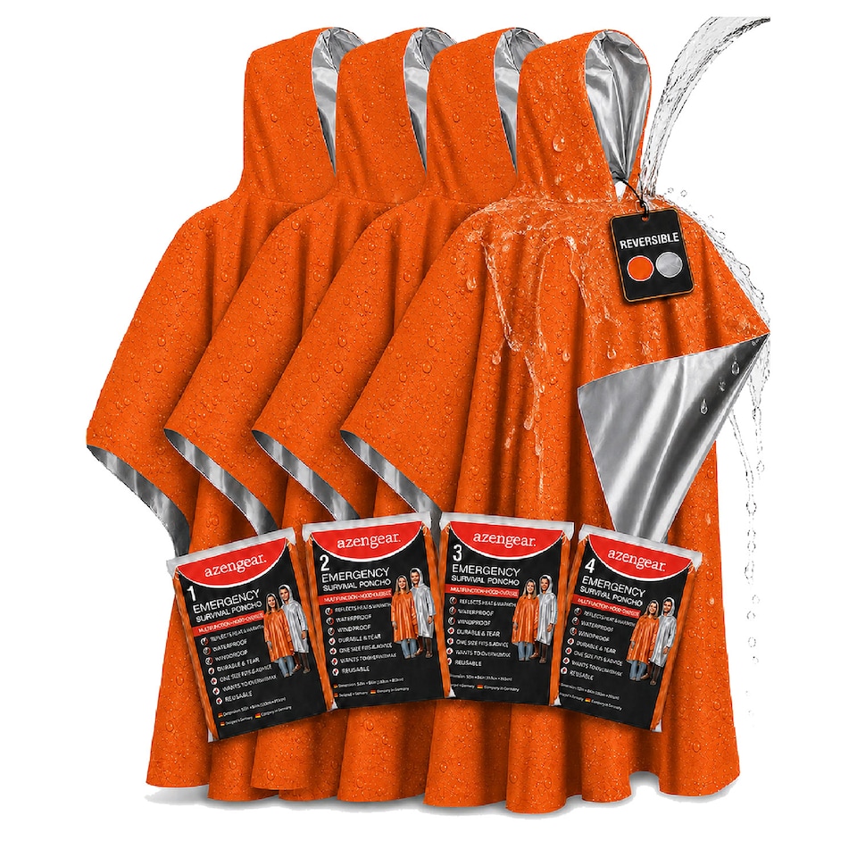 image 1 of aZengear Emergency Survival Poncho (4pc) Thermal Mylar Foil Coating Blanket for Heat Retention, Rain, Waterproof Outdoor Kit