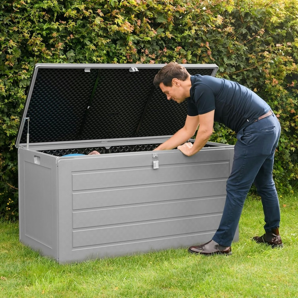 image 1 of Olsen & Smith Large 680L Weatherproof Outdoor Sit On Wood Effect Plastic Garden Bench Storage Box Chest Container Furniture Brown Brown | Brown