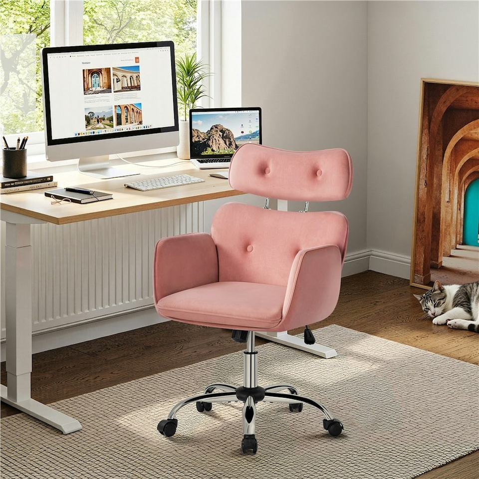 image 1 of Yaheetech Rolling Swivel Computer Chair with Adjustable Headrest Pink Pink